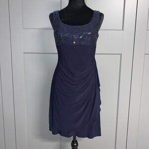 Alex Evenings Petite Dress 4P Navy Sequin Embellished Ruched Sleeveless Cocktail